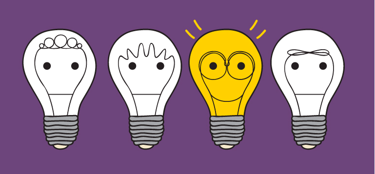 Four lightbulb characters with different hairstyles, one glowing yellow with glasses, illustrating diverse expressions of