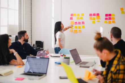 Team members in a meeting room watching a woman arrange colorful sticky notes on a whiteboard