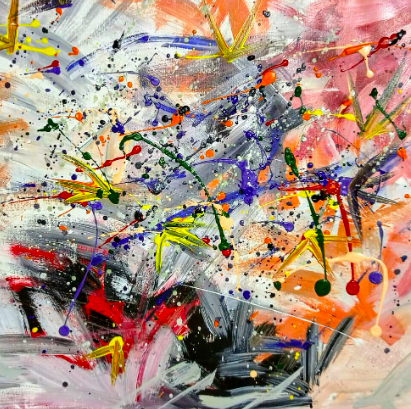 Vibrant abstract painting with splattered and dripped paint in red, yellow, blue, green, and black on pink and orange