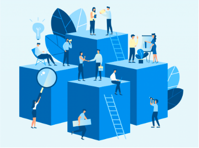Isometric illustration of diverse employees collaborating on blue platforms with ladders, representing teamwork and growth