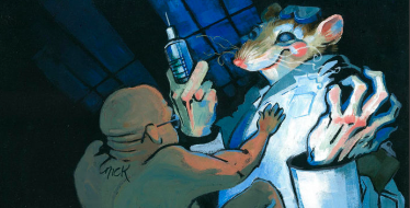 Illustration of a rat in a lab coat being given an injection by a human hand, depicting animal research in psychology