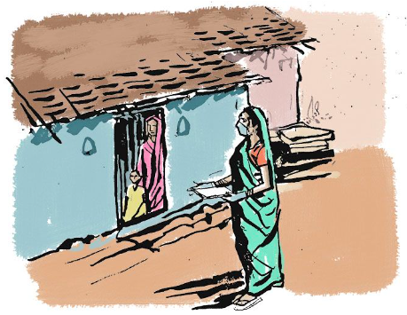Illustration of a woman health worker in sari and mask visiting a rural home during COVID-19 lockdown