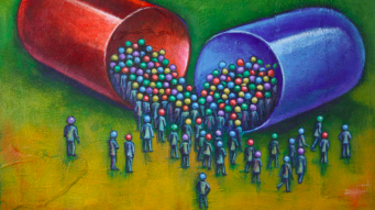 Surreal illustration of tiny human figures with colorful heads pouring from a giant split red and blue pill capsule