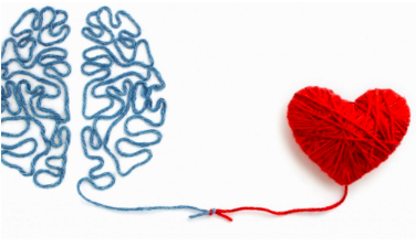 Illustration of a blue yarn brain connected by a string to a red yarn heart, symbolizing the mind-body stress connection.