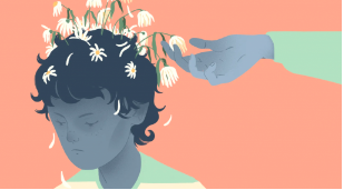 Illustration of a sad person with wilting flowers in their hair and a hand reaching to help, symbolizing mental health