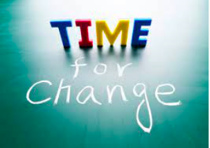 Colorful plastic letters spelling TIME above handwritten words for change on green background