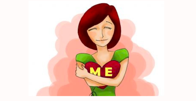 Illustration of a smiling woman hugging a red heart with the word ME on it, representing self-love and acceptance