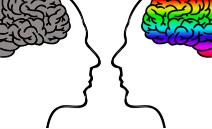 Illustration of two human profiles facing each other, one with a gray brain and one with a colorful rainbow brain