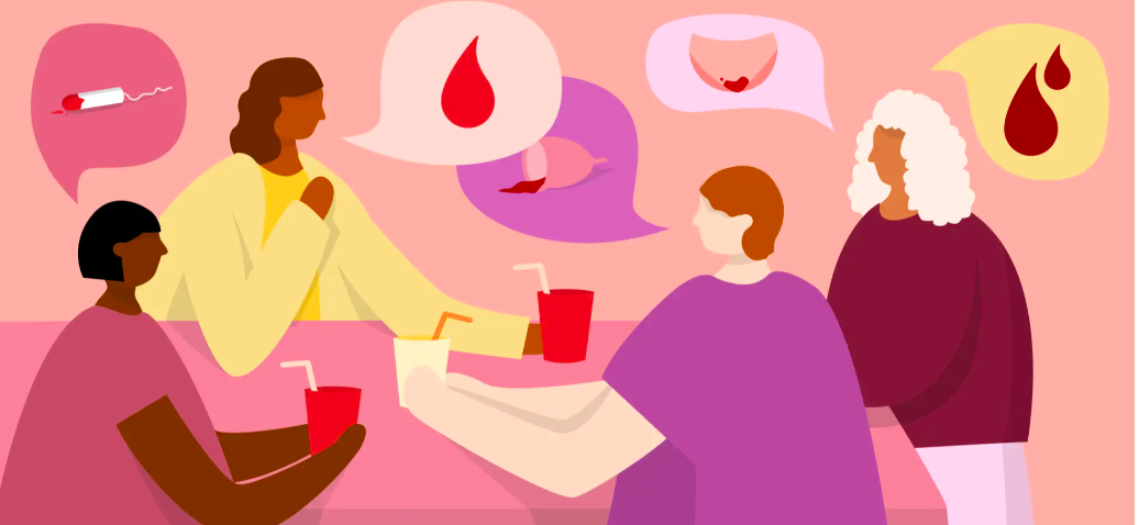 Illustration of diverse women having a conversation with speech bubbles showing menstrual blood drops and period-related