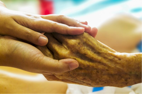 Young person's hands gently holding a wrinkled elderly hand, symbolizing care and conscious aging