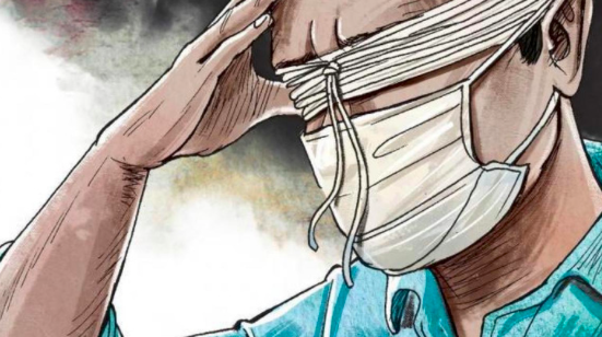 Illustration of a person in a face mask with hand on forehead, appearing stressed or anxious