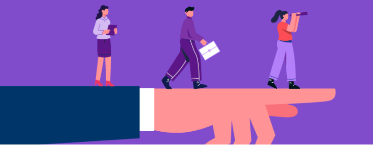 Three business people standing on a giant pointing hand, one with binoculars, one walking with briefcase, one with tablet