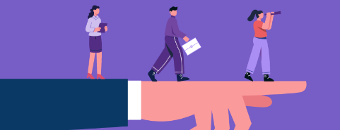 Three business professionals standing on an oversized hand, symbolizing support and guidance in the workplace.