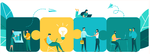 Colorful puzzle pieces showing collaborative workplace scenes including teamwork, ideas, and communication