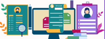 Colorful illustration of resumes, a computer screen, and job application materials with a magnifying glass