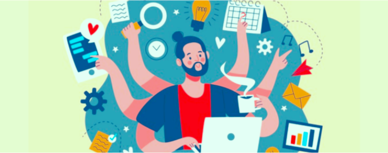Illustrated person with multiple arms balancing laptop, coffee, phone, calendar, and other work and life tasks.