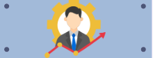 Business professional icon with upward growth arrow and gear background