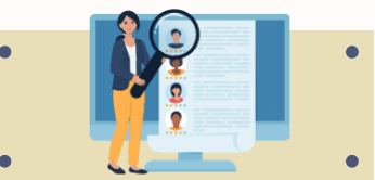 Illustration of a person using a magnifying glass to examine candidate profiles on a computer screen