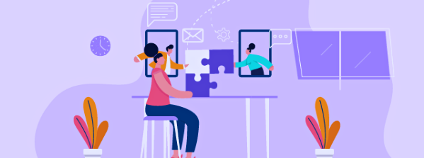 Illustration of people connecting through screens to solve a puzzle together, symbolizing virtual teamwork