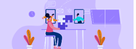 Illustration of a woman on a video call fitting a puzzle piece with a person on screen, symbolizing interview connection.