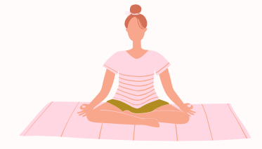 Illustration of a woman sitting cross-legged in meditation pose on a pink mat, hands resting on knees