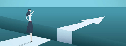 Illustrated woman standing at edge of gap looking toward upward arrow path ahead