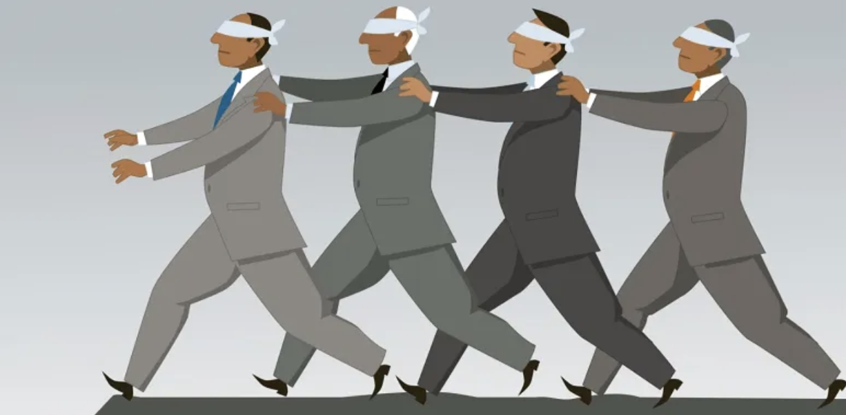 Illustration of four blindfolded businessmen in suits walking in a line, each with hands on the shoulders of the person