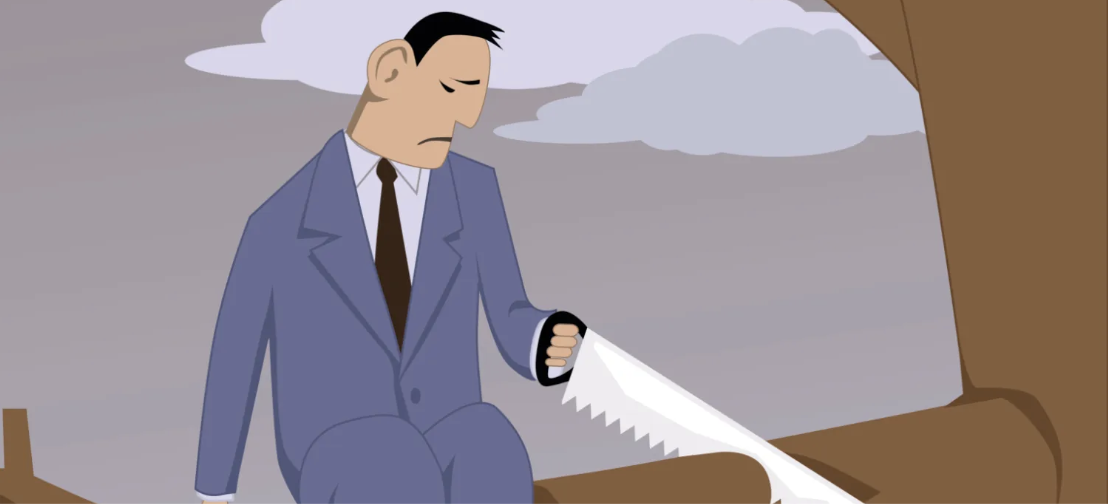Illustration of a businessman in a suit sitting on a tree branch and sawing it off beneath himself, symbolizing