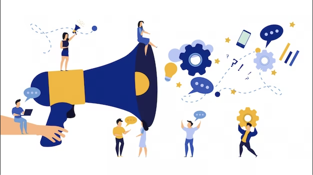 Illustration of people collaborating around a megaphone with gears, speech bubbles, and communication icons