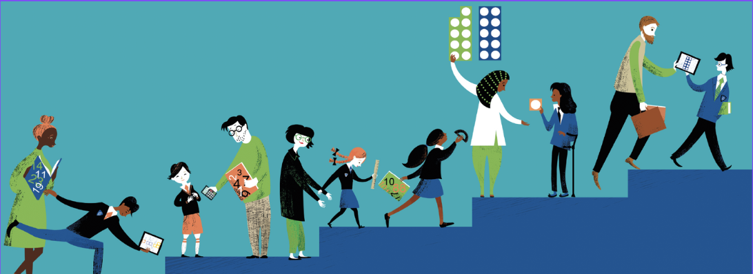 Illustration of diverse people at different life stages climbing stairs together, representing continuous learning and growth
