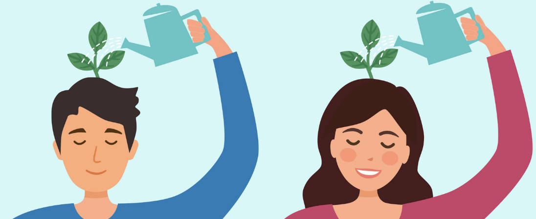 Illustration of two people with eyes closed peacefully watering small plants growing from their heads, symbolizing self-care