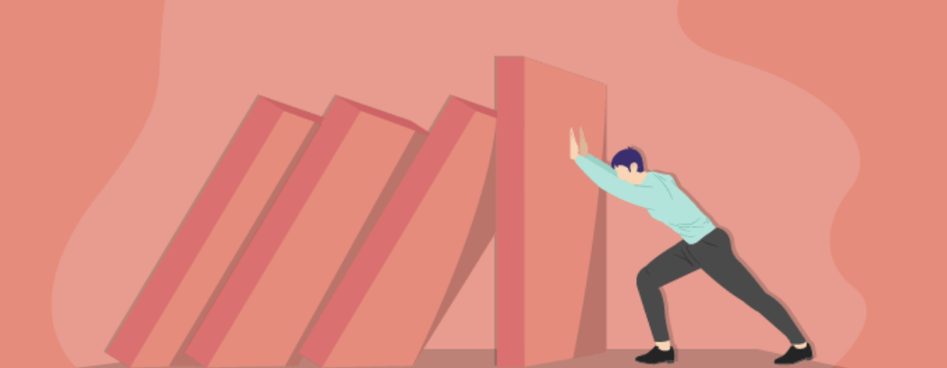 Illustration of a person pushing against falling dominoes to stop the chain reaction, symbolizing emotional resilience and