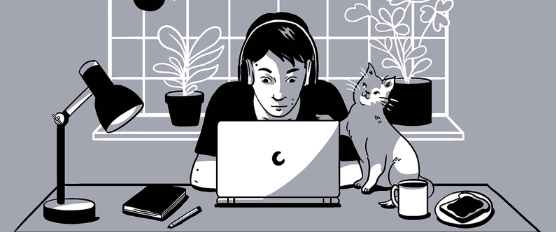 Illustration of a person wearing headphones working on a laptop at a desk with a cat, coffee mug, and desk lamp nearby