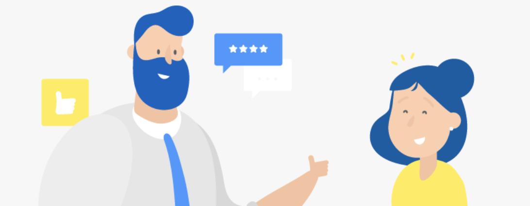 Illustration of a manager giving positive feedback to an employee with star rating and thumbs-up icons