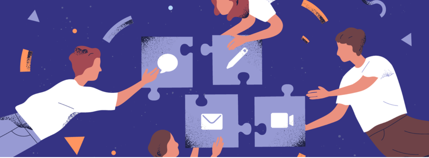 Illustration of people connecting puzzle pieces with communication icons representing workplace collaboration