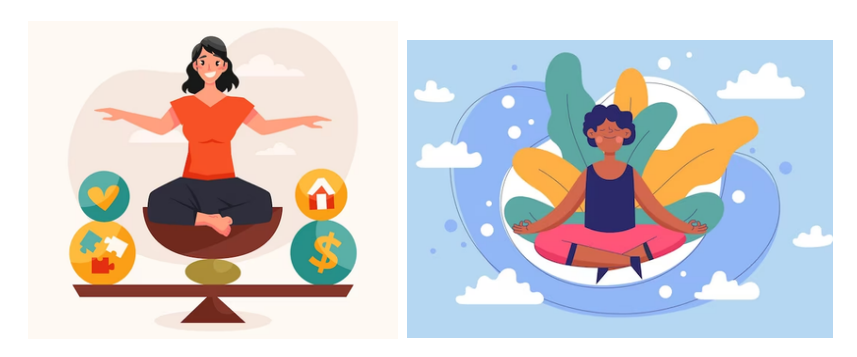 Split illustration: woman balancing work-life icons on a scale, and person meditating peacefully among clouds and leaves