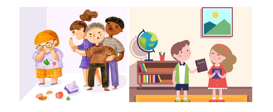Split illustration: left side shows a child crying with spilled lunch while other children look on with concern; right side