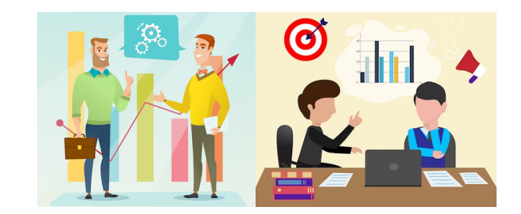 Split illustration showing two colleagues discussing growth charts and a manager giving feedback to an employee with