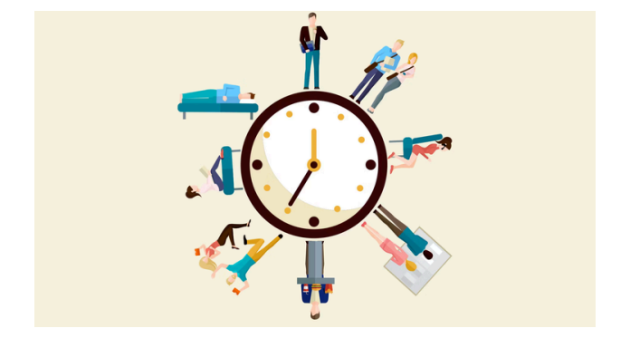 Clock face surrounded by people performing daily activities like sleeping, working, and exercising at different hours