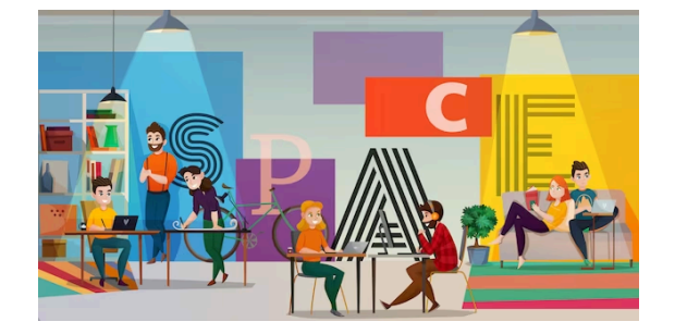 Colorful illustration of diverse people working together in a modern office with large letters spelling SPACE on the wall