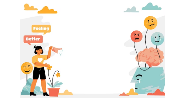 Illustration of a person watering a plant with speech bubbles saying Feeling and Better, beside a head with a brain