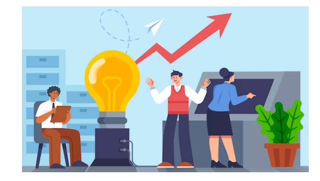 Three office workers with a lightbulb, upward arrow, and presentation board symbolizing career growth and workplace