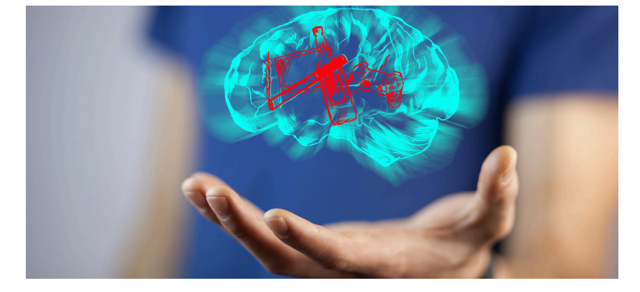 Hand presenting a glowing blue holographic brain with red work icons inside, symbolizing mental workload and the need for