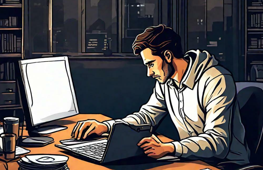 Illustrated man working on laptop at desk in dark office with city lights visible through window behind him