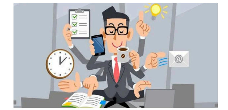 Cartoon businessman with multiple arms juggling clock, checklist, phone, coffee, email, and book to show productive routine