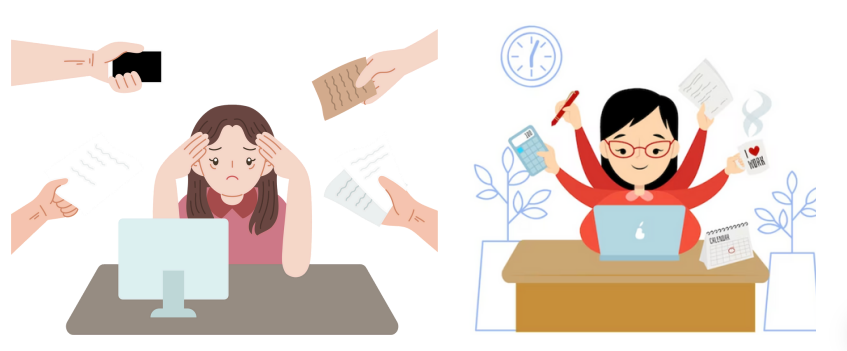 Split illustration showing stressed woman overwhelmed by demands versus same woman multitasking energetically with organized