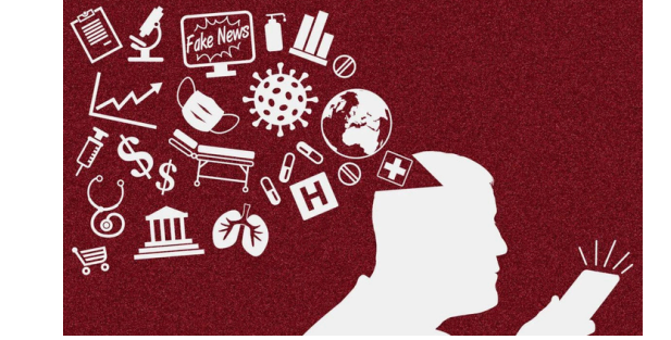 Silhouette of a person on a phone with icons of fake news, health, and science symbols floating from their open head