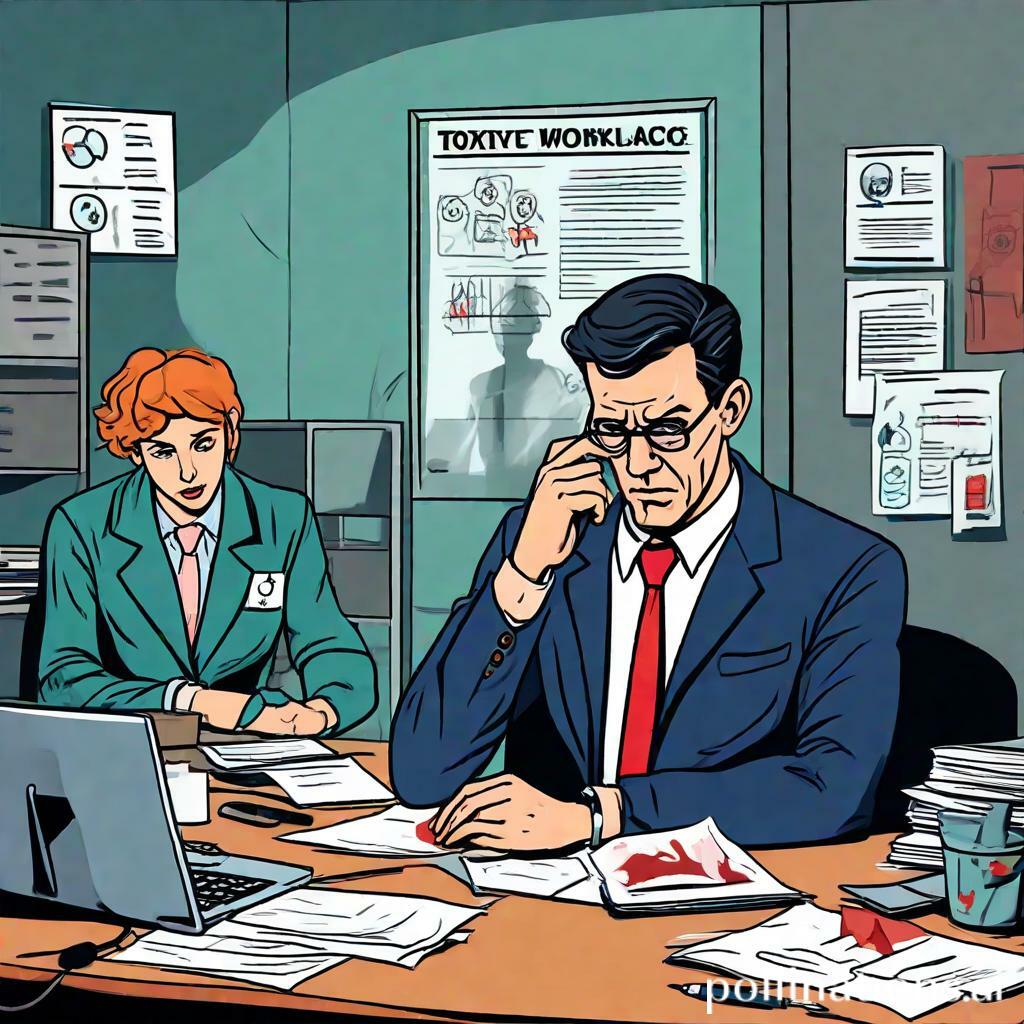 Two stressed office workers at a cluttered desk with a toxic workplace poster behind them