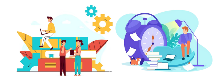Colorful illustration showing students learning with books, laptop, gears, clock, and desk lamp symbolizing curiosity and