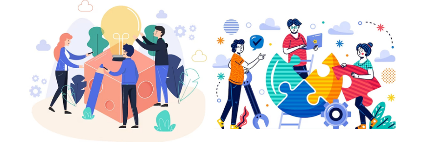 Colorful illustration showing two teams working together with a lightbulb and puzzle pieces symbolizing collaboration and